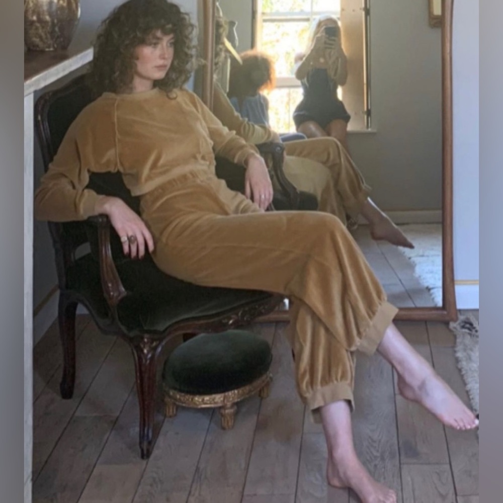 Suzie Kondi slim track suit pants & cropped top in velour teddy